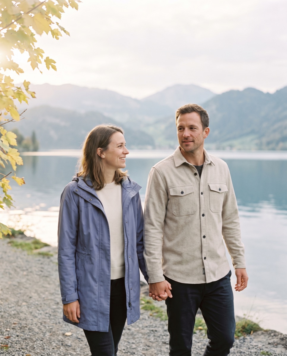 Ein Paar spaziert an einem See in der Schweiz.
